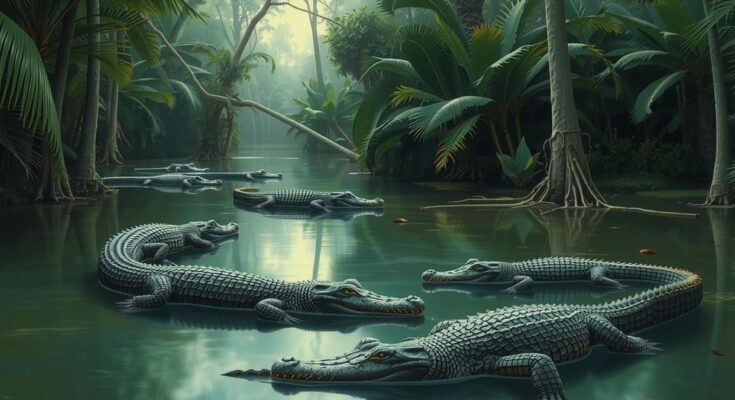 Vue d'un marais tropical avec des alligators, représentant un centre de détention pour migrants en Floride.