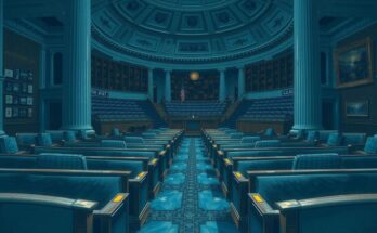 Scène politique au Sénat américain illustrant des débats sur une législation complexe et des tensions internes au sein du parti.