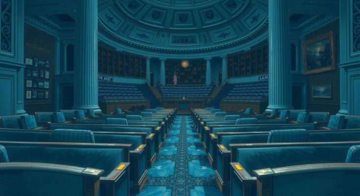Scène politique au Sénat américain illustrant des débats sur une législation complexe et des tensions internes au sein du parti.