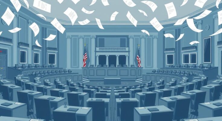 Peisaj politic cu un Senat zilnic, care ilustrează colaborarea bipartidică în economia comercială, în nuanțe de albastru și gri.