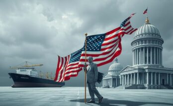 O imagine simbolica a politicii americane, cu simboluri economice si un peisaj politic in declin, tonuri de gri si albastru.