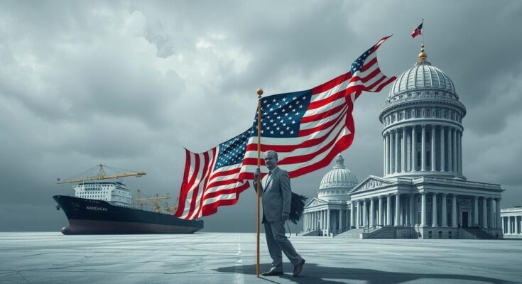 O imagine simbolica a politicii americane, cu simboluri economice si un peisaj politic in declin, tonuri de gri si albastru.