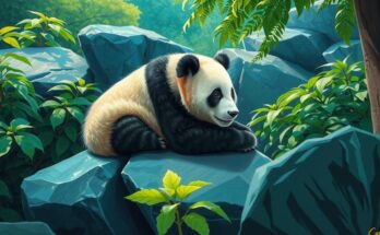 Panda in a serene zoo landscape, vibrant greenery, showcasing playful nature, under bright blue skies.