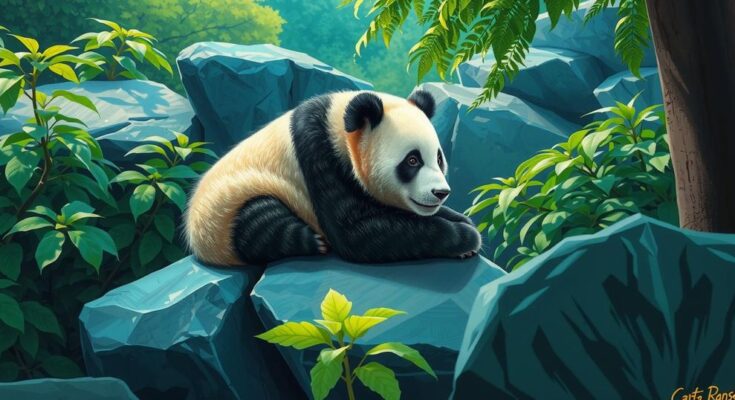 Panda in a serene zoo landscape, vibrant greenery, showcasing playful nature, under bright blue skies.