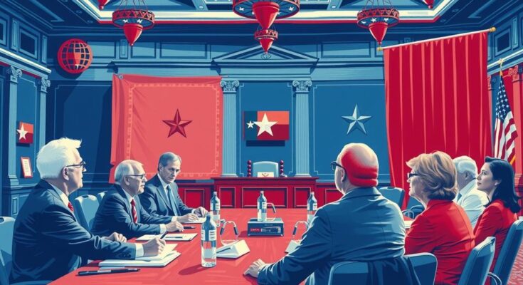 Rappresentazione artistica dei legislatori del Texas che discutono in un ambiente politico, con bandiere e simboli di unità.