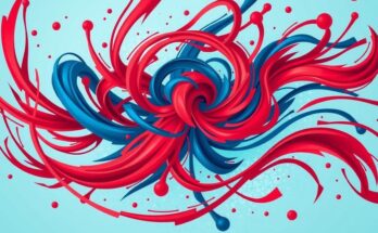 Tempesta di idee politiche statunitensi con grafica astratta in toni blu e rossi.