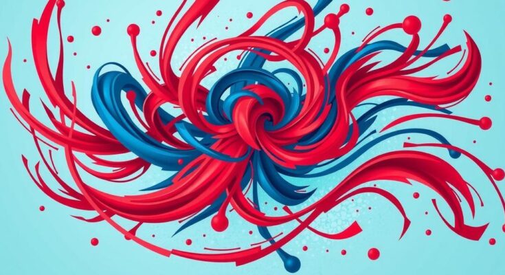 Tempesta di idee politiche statunitensi con grafica astratta in toni blu e rossi.