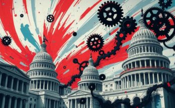 Rappresentazione artistica del caos politico e dei cambiamenti della governance a Washington.