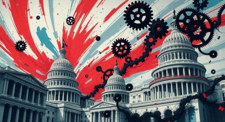 Rappresentazione artistica del caos politico e dei cambiamenti della governance a Washington.
