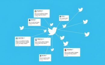 Grafis dengan latar biru dan elemen grafis menunjukkan interaksi politik di Twitter