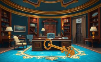 Elon Musk receiving a golden key in an ornate Oval Office setting, symbolizing government leadership.