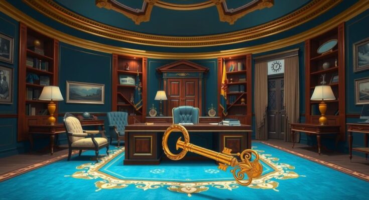 Elon Musk receiving a golden key in an ornate Oval Office setting, symbolizing government leadership.