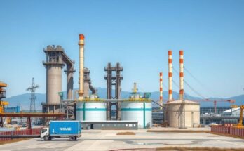 Paesaggio industriale con impianti di produzione illuminati, colori blu e grigi, stile realistico.