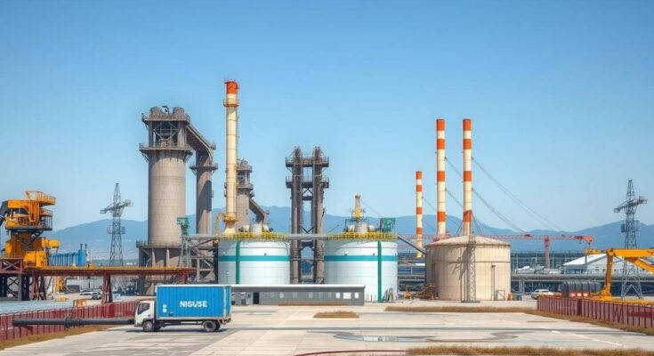 Paesaggio industriale con impianti di produzione illuminati, colori blu e grigi, stile realistico.