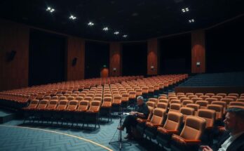 Un auditorium vuoto con seggioline disposte in file ordinate, luci soffuse e un palco luminoso in un contesto accademico.
