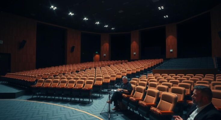 Un auditorium vuoto con seggioline disposte in file ordinate, luci soffuse e un palco luminoso in un contesto accademico.
