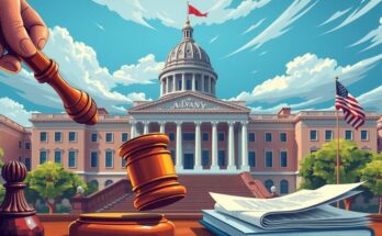 Sessione legislativa ad Albany con membri del governo e simboli di legislazione in uno sfondo colorato e dinamico.