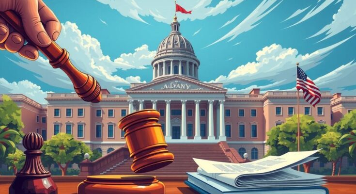Sessione legislativa ad Albany con membri del governo e simboli di legislazione in uno sfondo colorato e dinamico.