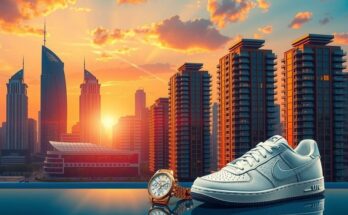 An illustration of a luxury skyline and branded products against a vibrant sunset, showcasing real estate and licensing.