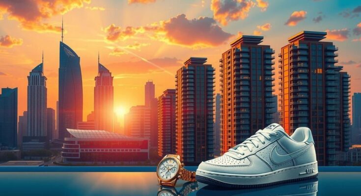An illustration of a luxury skyline and branded products against a vibrant sunset, showcasing real estate and licensing.