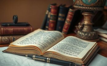 Un libro aperto su un tavolo, con penna vicino, in un ambiente di studio con colori caldi e vintage.