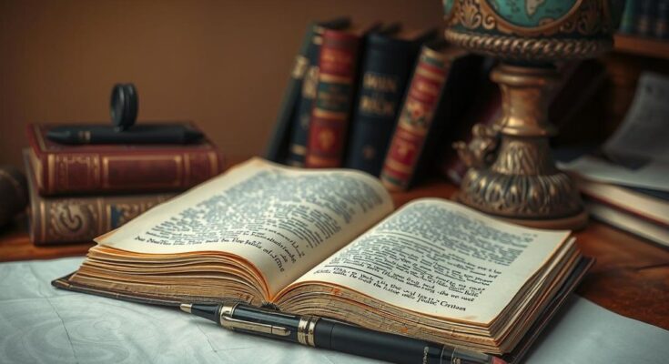 Un libro aperto su un tavolo, con penna vicino, in un ambiente di studio con colori caldi e vintage.