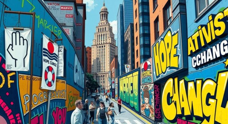Tinerii activiști progresiști discutând despre viitorul politic din New York, pe fundal urban vibrant.