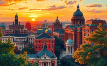 Peisaj urban din Washington D.C. la apus, cu clădiri istorice și natura în prim-plan, tonuri calde de portocaliu și roșu.