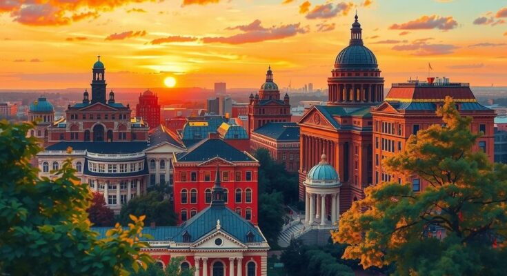 Peisaj urban din Washington D.C. la apus, cu clădiri istorice și natura în prim-plan, tonuri calde de portocaliu și roșu.