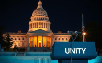 Камала Харрис произносит речь на фоне illuminated White House.