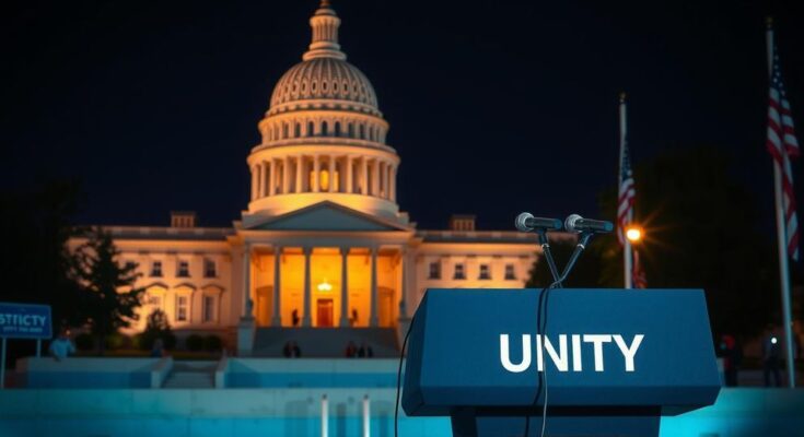 Камала Харрис произносит речь на фоне illuminated White House.