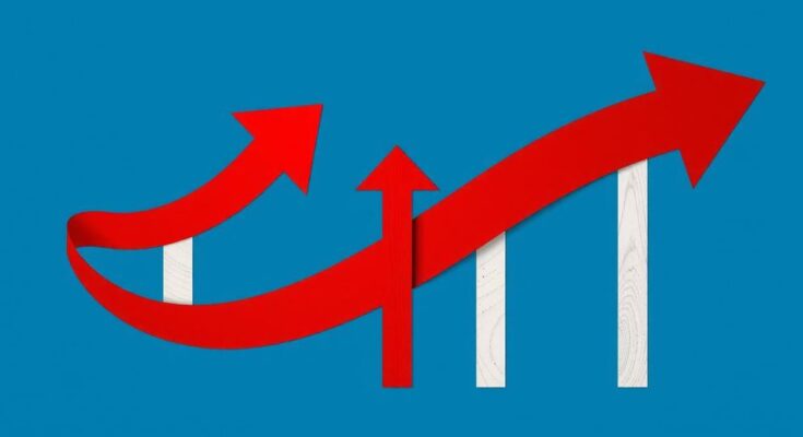 Grafico con frecce che rappresentano il calo della popolarità del partito, con sfondo blu e rosso.