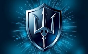 A trident symbol above a digital shield representing cybersecurity and national security in a tense geopolitical landscape.