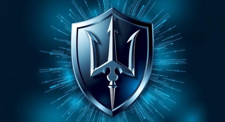 A trident symbol above a digital shield representing cybersecurity and national security in a tense geopolitical landscape.