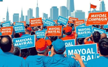 A dynamic political campaign scene with vibrant banners and diverse community members rallying together.
