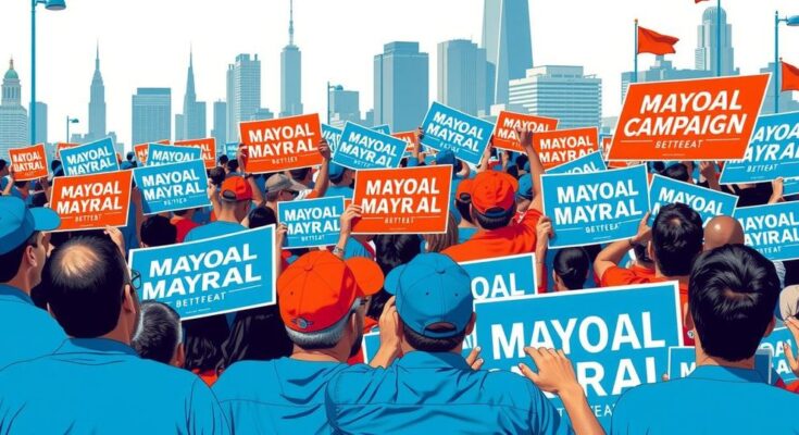 A dynamic political campaign scene with vibrant banners and diverse community members rallying together.