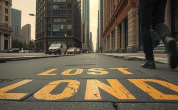 Street with faded yellow letters symbolizing lost social movement.