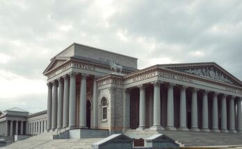 Здание суда в стиле неоклассицизма на фоне облачного неба