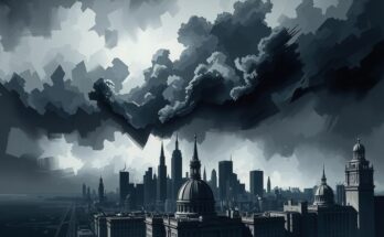 A stark landscape of a shadowy city skyline with dark clouds, representing a tumultuous political environment.