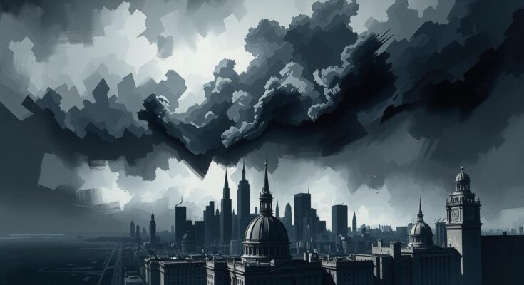 A stark landscape of a shadowy city skyline with dark clouds, representing a tumultuous political environment.