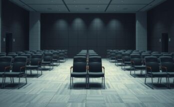 Perspective of a political meeting room with empty chairs, symbolizing lingering social tensions and threats of extremism.