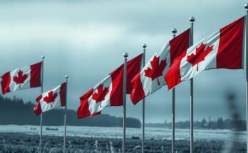 Peisaj politic din Canada post-Trudeau, simboluri de schimbare cu drapelele partidelor, în fundal un orizont de incertitudine.