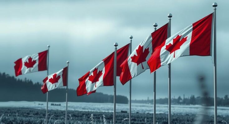 Peisaj politic din Canada post-Trudeau, simboluri de schimbare cu drapelele partidelor, în fundal un orizont de incertitudine.