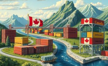 Un paesaggio di confini commerciali tra Canada e Stati Uniti con simboli di commercio e prodotti canadesi.