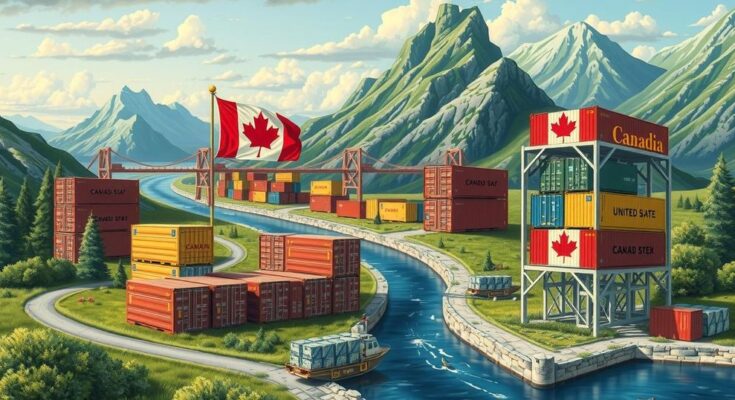 Un paesaggio di confini commerciali tra Canada e Stati Uniti con simboli di commercio e prodotti canadesi.