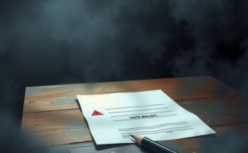 Изображение, изразяващо задоволство и негативни чувства от политиката в САЩ, показващо празен бюлетин и тъжен фон.