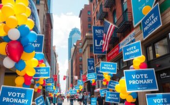 Balloons and campaign signs decorate a city street for a lively New York City mayoral primary election, sunny day.