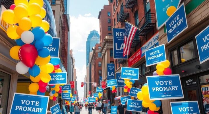Balloons and campaign signs decorate a city street for a lively New York City mayoral primary election, sunny day.