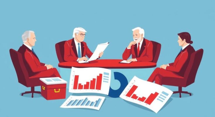 Grafis kongres dan kebijakan, simbol bendera, grafik dan angka memvisualisasikan perdebatan tarif Trump