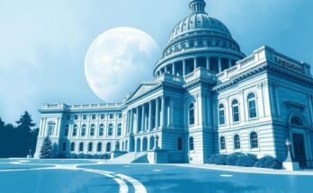 Représentation d'une scène politique avec un grand bâtiment, symbolisant la législation en progression, en nuances de bleu et blanc.